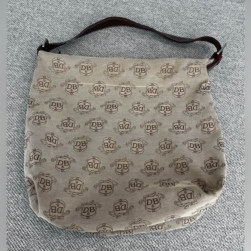 Dooney & Bourke Beige Canvas Logo Shoulder Bag with Brown Trim